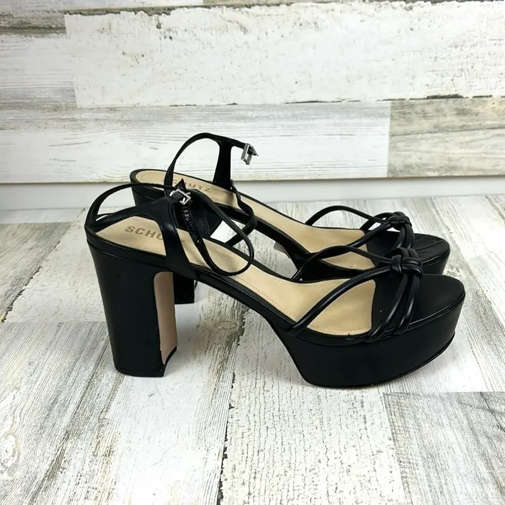 SCHUTZ Womens 11 Kelsie Black Leather Platform Strappy Block Heel Sandals NEW